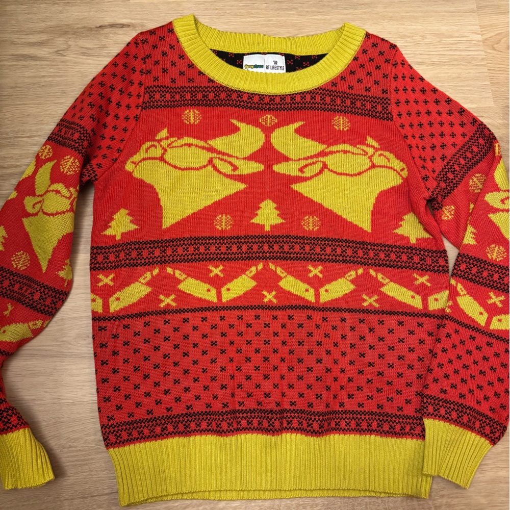 Tipsy Elves Ugly Christmas Sweater Cow Bull Steer Knife Chop